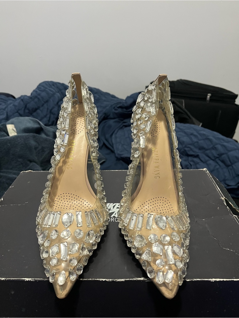 Crystal Embellished Pointed Slingback Heels - Nude